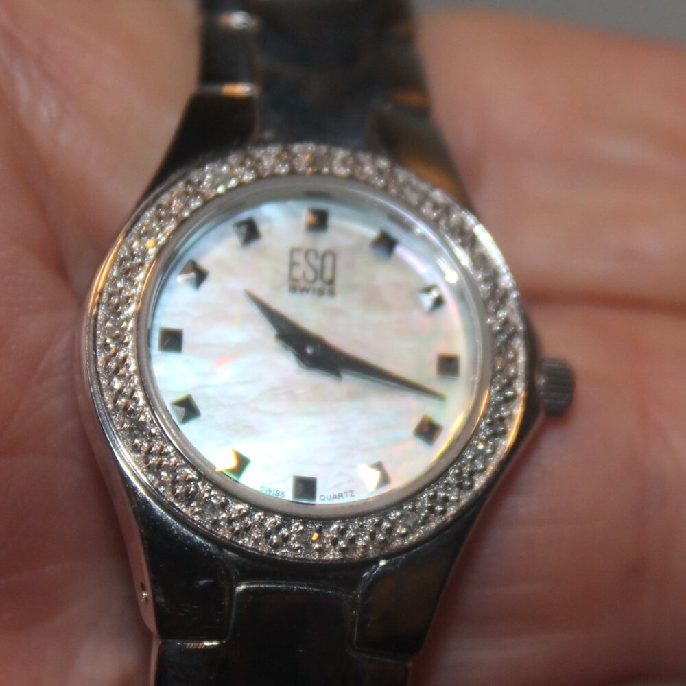 $449 Swiss Movado Esq MOP Crystal Encrusted Luxury Silver Watch